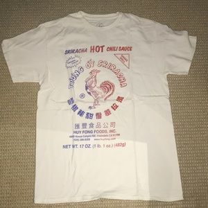 White Siracha T-shirt with blue and red writing